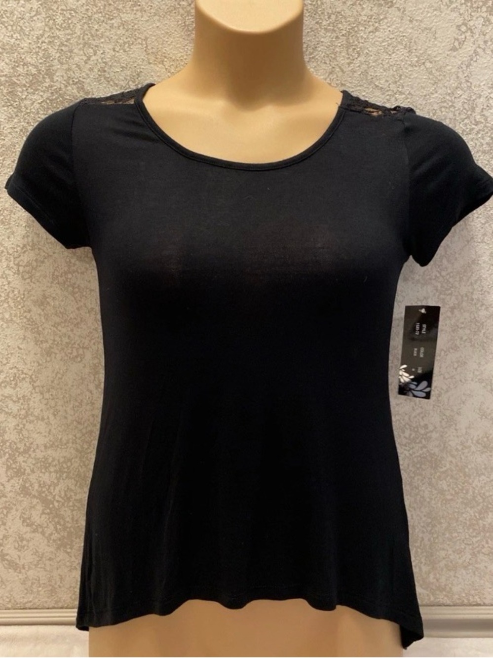 Splash Black Short Sleeve Tee with Floral Lace Shoulder And Back